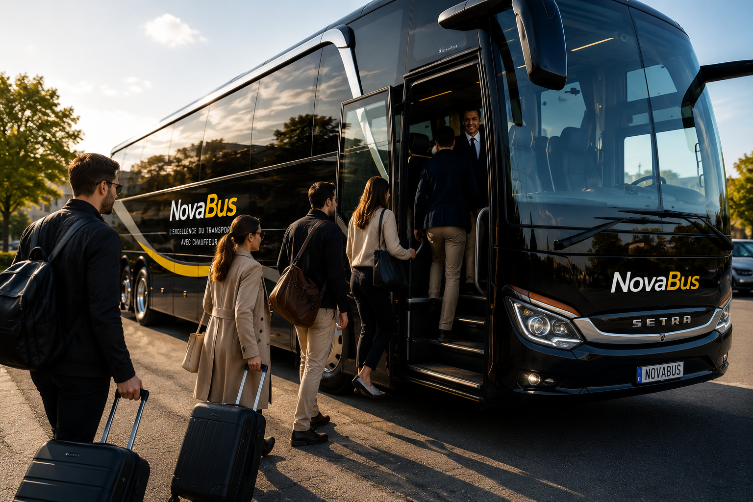 Groupe qui monte dans un autocar Novabus